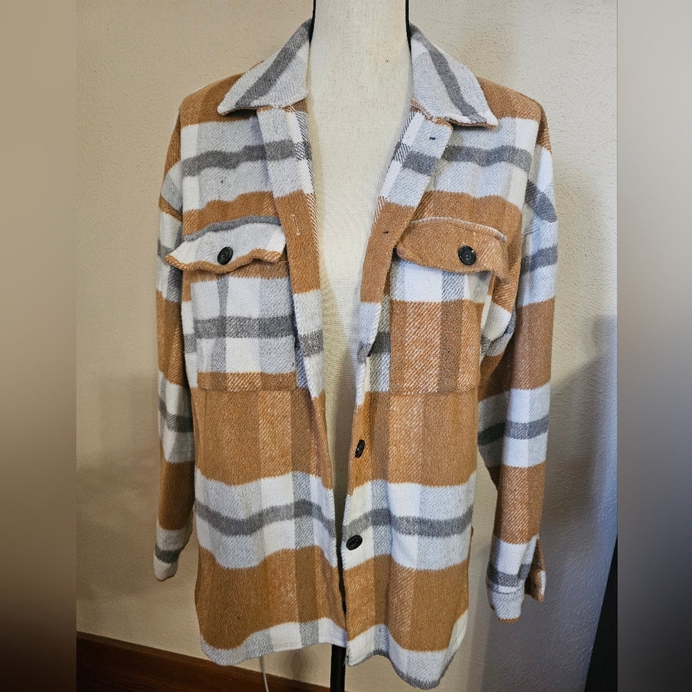 Plaid Button-Up Jacket - Brown and White